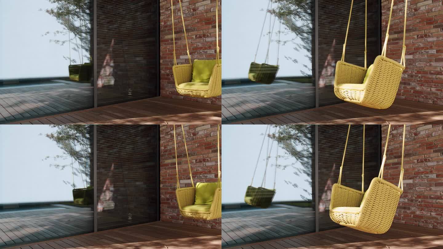 空的柳条花园摇椅在度假屋的阳台上摇摆