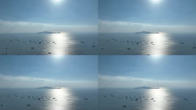 深圳前海湾海洋风景航拍海面阳光渔船货船