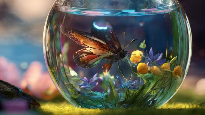 8k水缸玻璃球蝴蝶