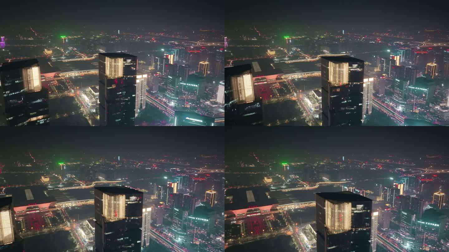 航拍郑州绿地中心双子塔夜景