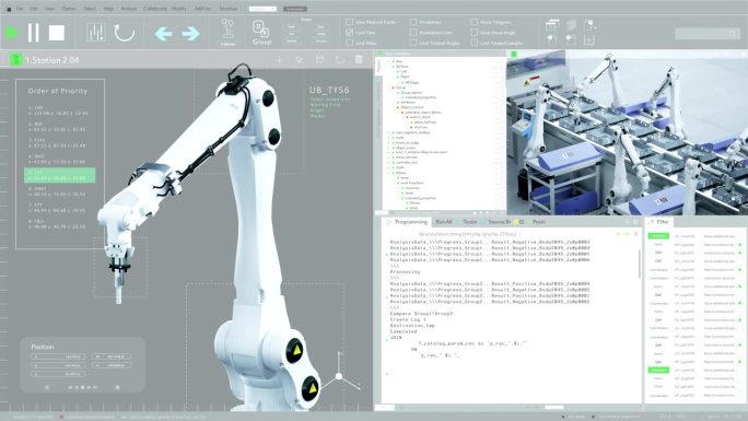 模拟用户界面机器人手臂工厂生产制造软件。概念屏幕替换:3D软件显示移动机械臂的生产过程。技术研发