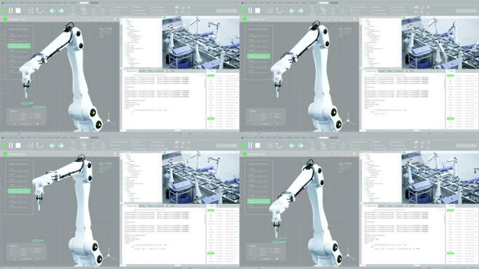 模拟用户界面机器人手臂工厂生产制造软件。概念屏幕替换:3D软件显示移动机械臂的生产过程。技术研发