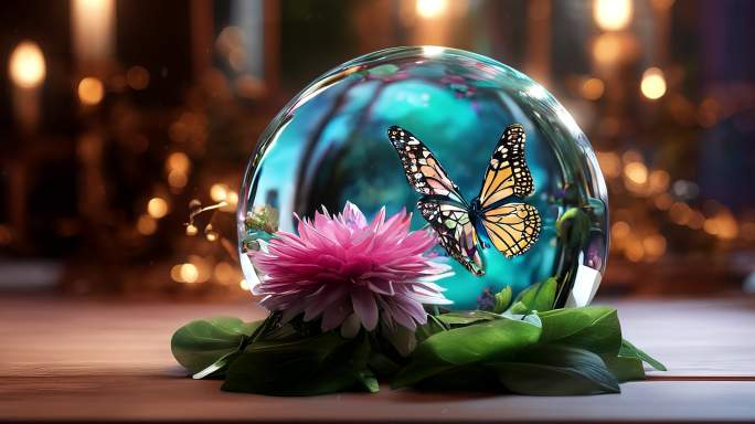 8k花朵玻璃球蝴蝶背景