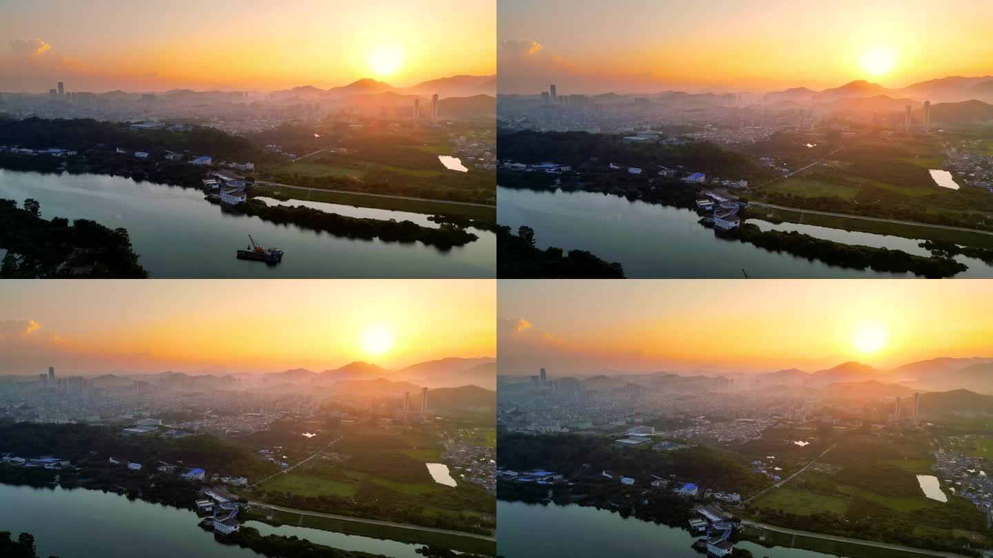 广州航拍大河落日城市黄昏景色中国一线城市