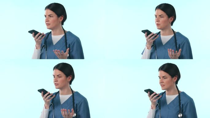 护士，智能手机呼叫和女人录音，通信或远程医疗在工作室隔离在蓝色背景的模拟空间。电话，医疗专业和语音聊