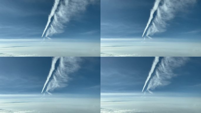 飞机尾流的鸟瞰图，由喷气式飞机的飞行员看到飞机向前飞行的尾流。120000米高