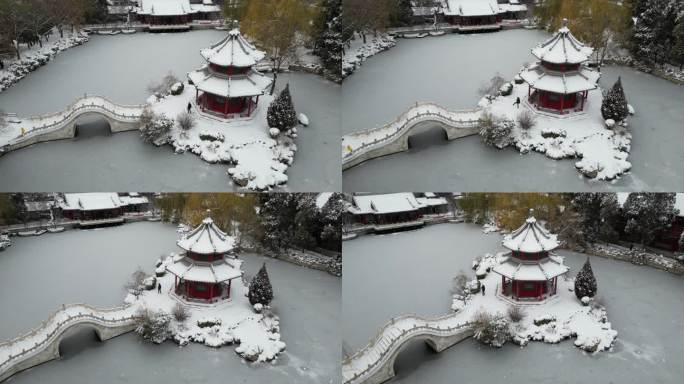 4K航拍古建筑雪景保定古莲花池雪景