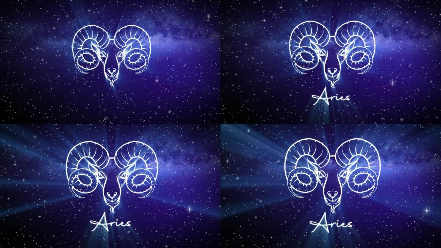 白羊座的占星星座，在深空的背景上有一个闪闪发光的符号，3D空间中的星星和一个平滑的相机慢慢地推进到一