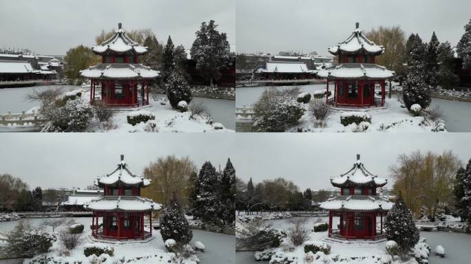 4K航拍古建筑雪景保定古莲花池雪景