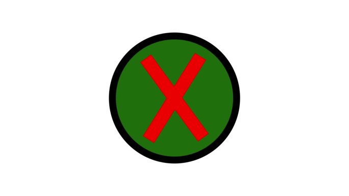 绿色禁止标志与红色X，孤立的图标动画在白色背景。