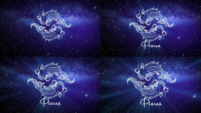 双鱼座的占星学星座，在深空的背景上有一个闪闪发光的符号，3D空间中的星星和一个平滑的相机慢慢地推进到