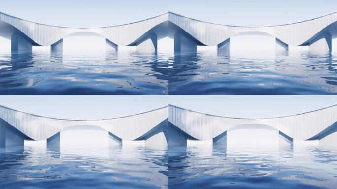 白色建筑背景的水面，3d渲染。