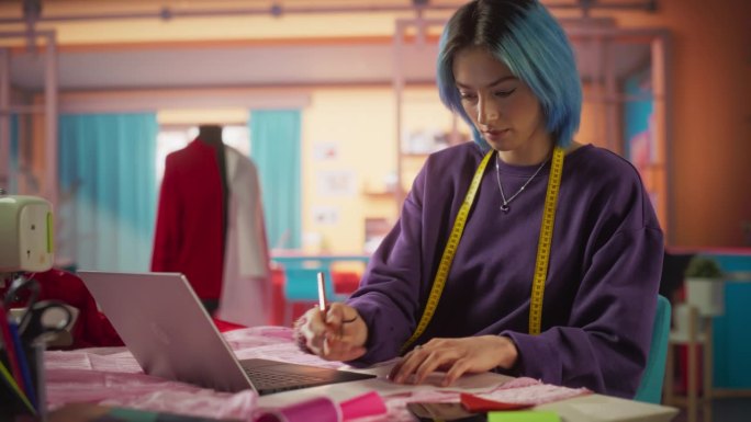 年轻时尚的时装设计师在笔记本电脑上工作，利用技术和互联网获得灵感的肖像。有创意的蓝头发女孩设计了一件