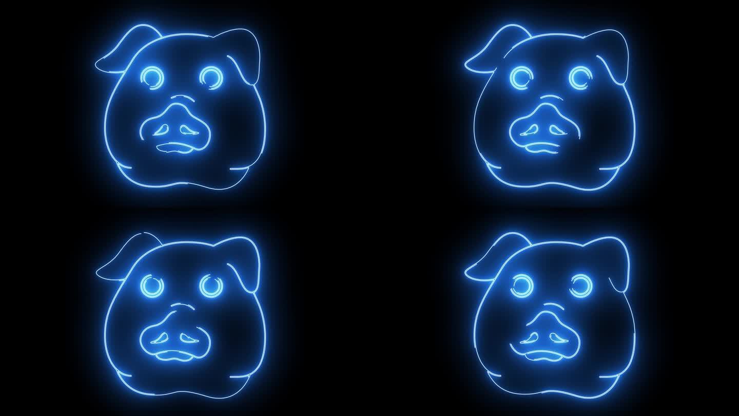 动画猪头图标与发光的霓虹灯效果
