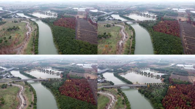 无人机拍摄上海市松江区广富林乡村公园美景，4k实时画面，高角度视角。