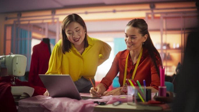 一位时尚品牌经理用笔记本电脑帮助实习生完成一个新项目。两位女设计师在彩色工作室合作一个创新项目。慢动