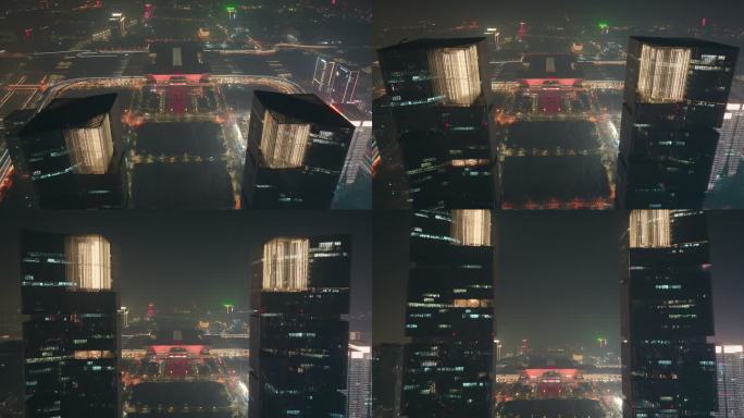 航拍郑州绿地中心双子塔夜景