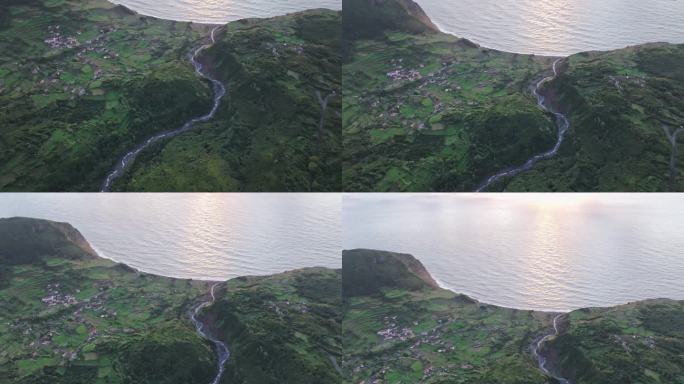 空中拍摄的弗洛雷斯岛亚速尔岛日落时的faj<e:1>津哈镇