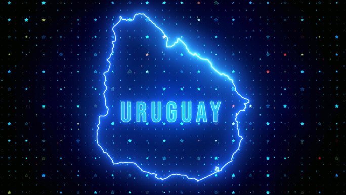 未来的蓝色闪耀乌拉圭轮廓地图和标签文本发光霓虹灯耀斑运动揭示与星星闪烁网格背景