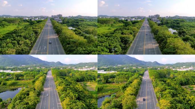 汽车行驶在乡村公路上，农村风景乡村振兴