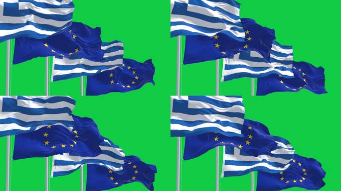 希腊和欧盟的旗帜在绿色的屏幕上一起飘扬