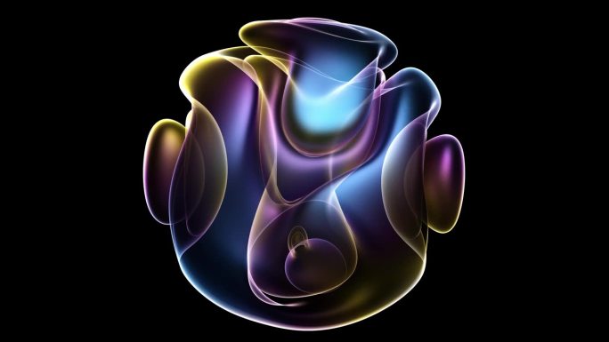 超现实异形球花的抽象艺术视频3D渲染，在黑色背景上黄紫蓝渐变的透明塑料中形成波浪状光滑柔软的生物线条