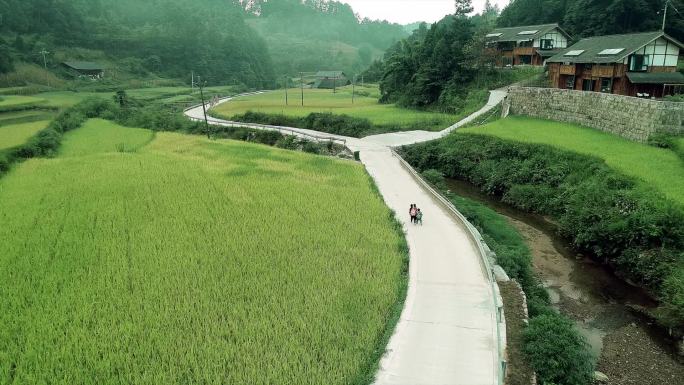 农村山区道路上上学行走的小朋友