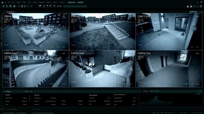 监控摄像头，多屏幕显示安全的住宅大楼外与犯罪保护，汽车驶入车库。计算机显示器的安全屏幕替换模板