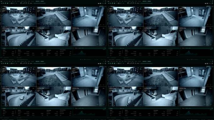 监控摄像头，多屏幕显示安全的住宅大楼外与犯罪保护，汽车驶入车库。计算机显示器的安全屏幕替换模板