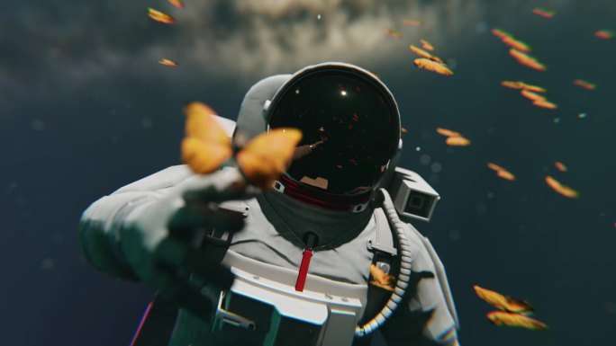 一位宇航员在太空中，在3D动画中与蝴蝶玩耍