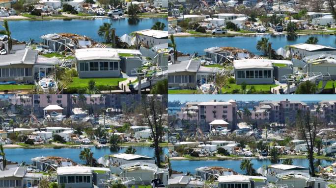 飓风“伊恩”袭击佛罗里达居民区后，活动房屋遭到严重破坏。自然灾害的后果