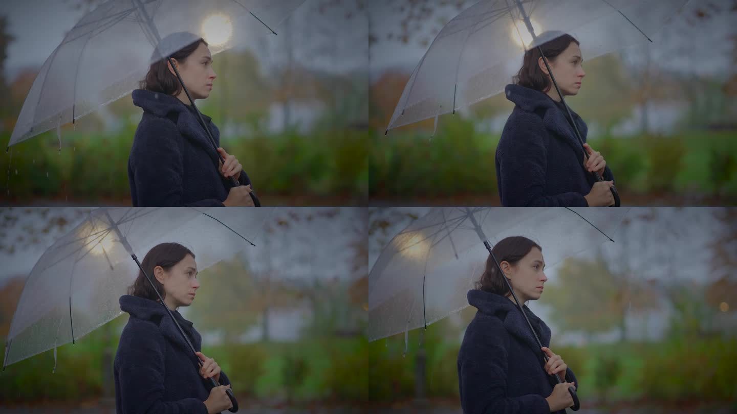 在阴沉的雨天，疑神疑鬼的女性拿着雨伞