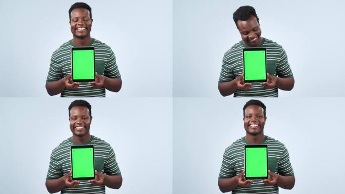 脸，男人和绿色屏幕空间的平板电脑上的广告报名提供在蓝色背景。快乐的非洲模式，肖像和跟踪标记的数字营销