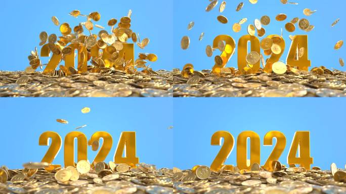 数字2024从一堆金币中升起，商业概念
