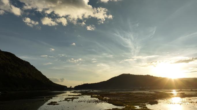 湿地 湖泊 日落 山湖 船只 蓝天 白云