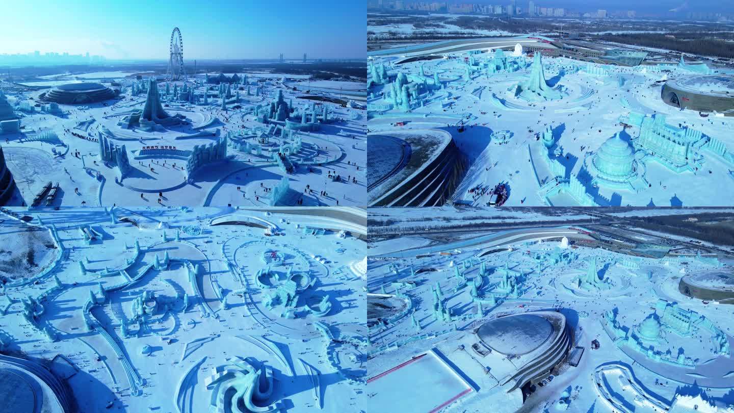 哈尔滨冰雪大世界全景白天航拍冬天