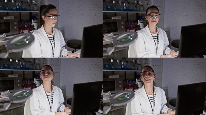 在实验室里，一位年轻美丽的西班牙裔女科学家在屏住呼吸的同时，用嘴吹气，脸上露出了一副滑稽的表情