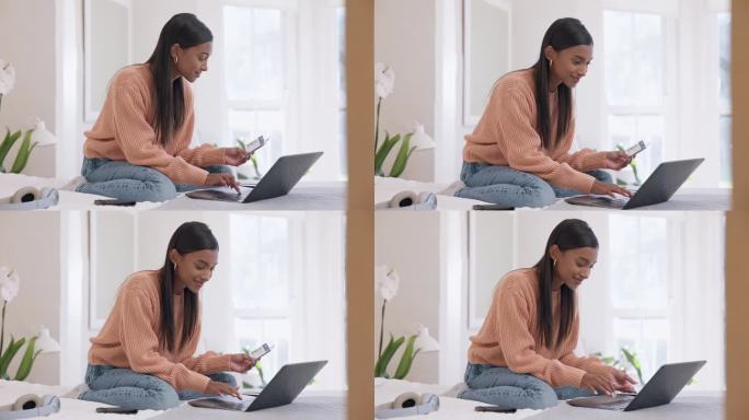 女人，在笔记本电脑上打字，拿着机票，在家用文件和信息在网上订票。在卧室计划航班，安排假期和护照与技术