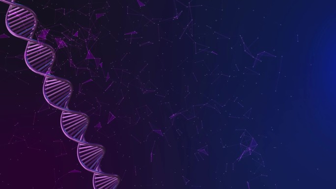 旋转DNA发光分子在蓝色DNA结构分子旋转背景上的动画