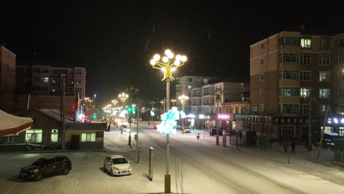 航拍东北城市雪夜灯光夜景