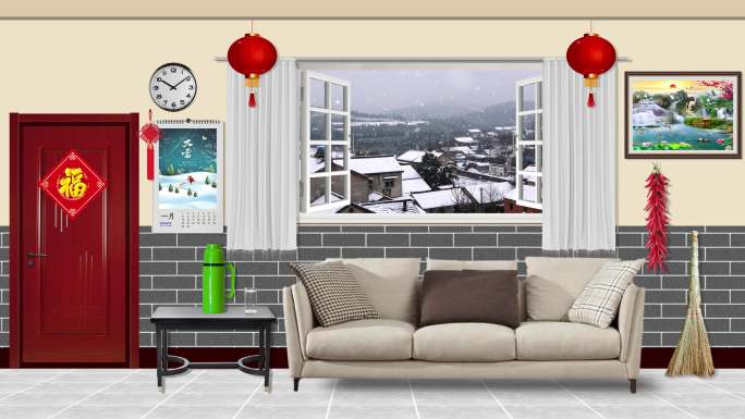 小品客厅乡村下雪情景舞台背景
