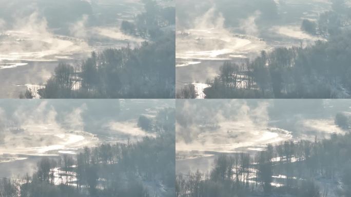 清晨雾凇河流4K航拍