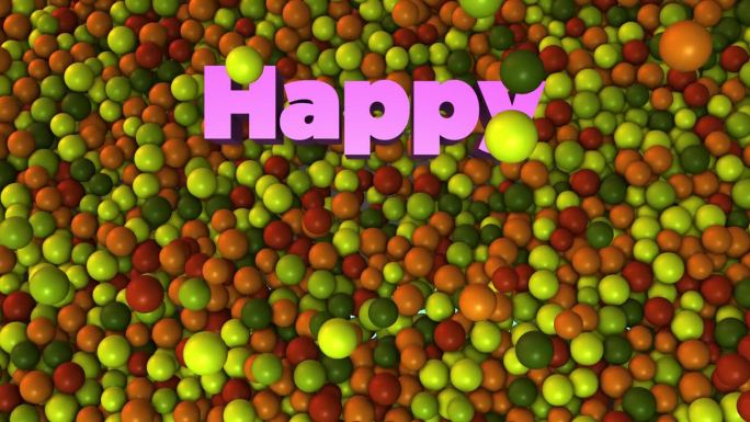 高角度观看儿童节快乐3d文字显示推橙绿彩色球坑球背景3d渲染