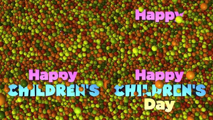 高角度观看儿童节快乐3d文字显示推橙绿彩色球坑球背景3d渲染