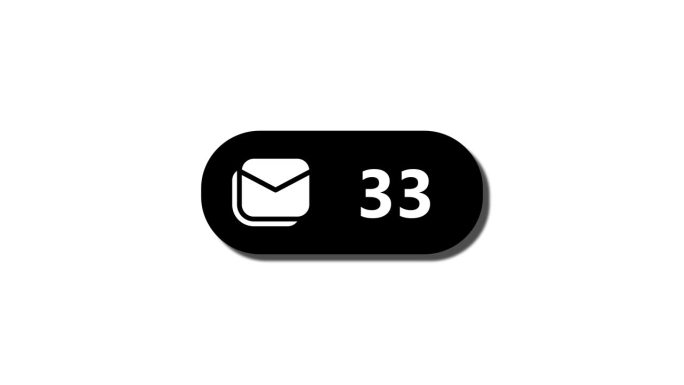 黑色电子邮件通知图标与48未读消息动画在白色背景上。
