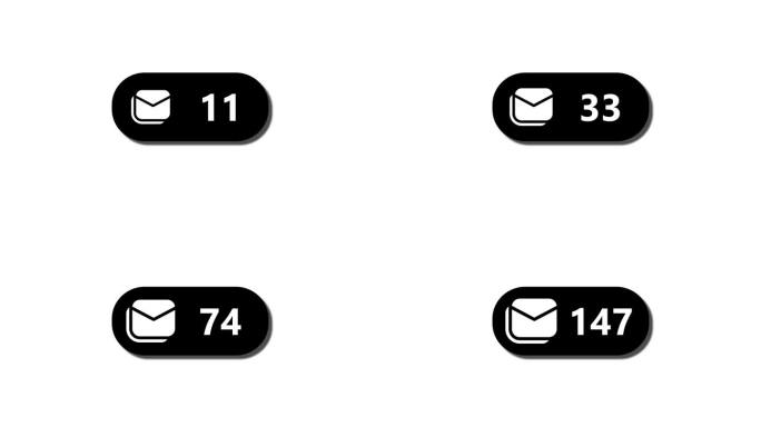 黑色电子邮件通知图标与48未读消息动画在白色背景上。
