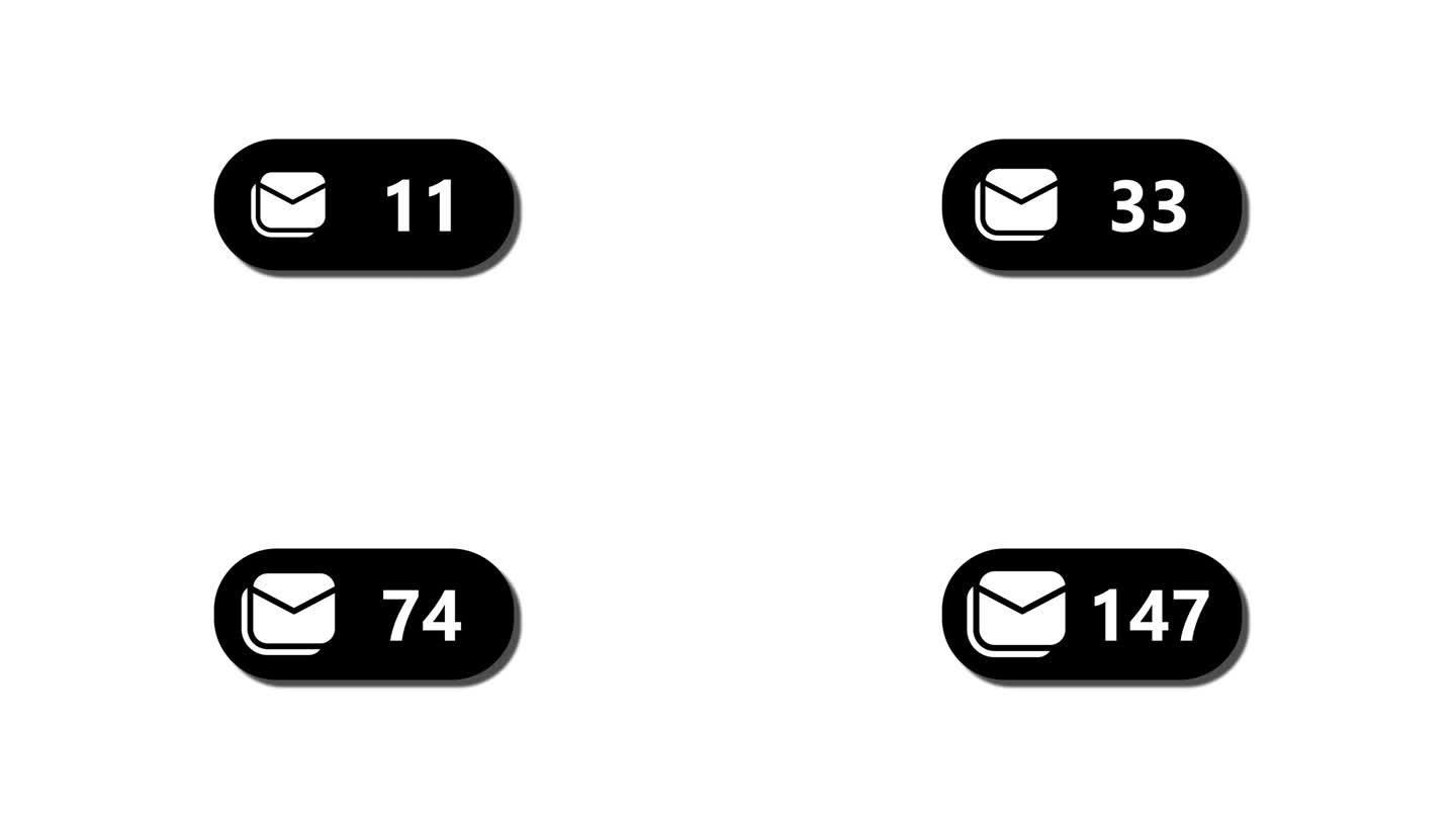 黑色电子邮件通知图标与48未读消息动画在白色背景上。