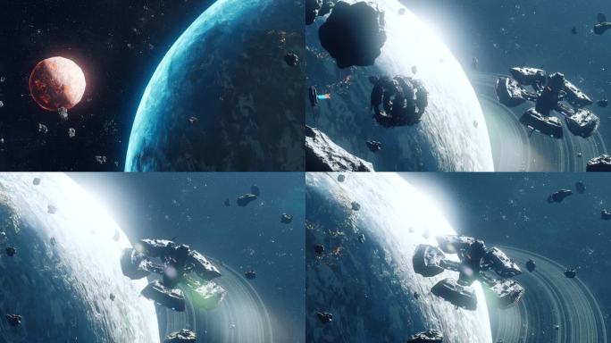 宽屏科幻地球宇宙飞船鸟瞰陨石星际旅行视频