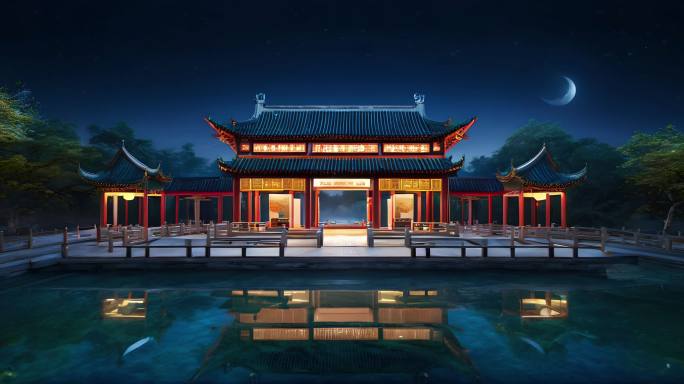 中式建筑夜景水中倒影