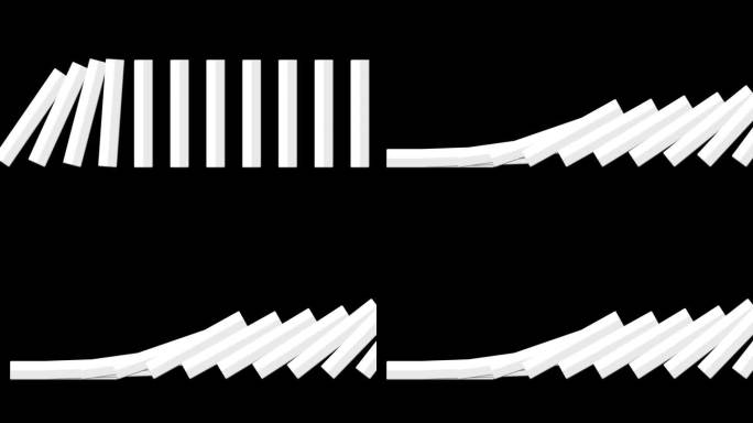 黑色背景的多米诺效应动画。在连续性模式下一个接一个地阻塞失败。失败，危机和商业或经济崩溃的概念